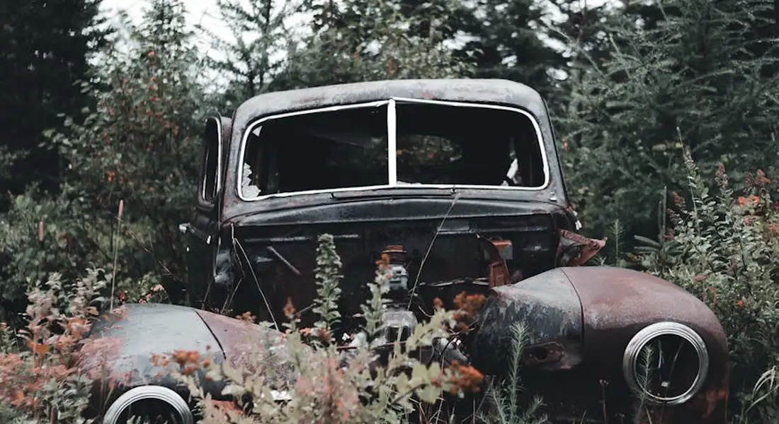 Abandoned vintage car with rusted body in a field of tall weeds, showing deteriorated paint and exposed metal