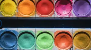 Assorted cans of paint in open containers arranged in two rows, displaying a spectrum of colors.