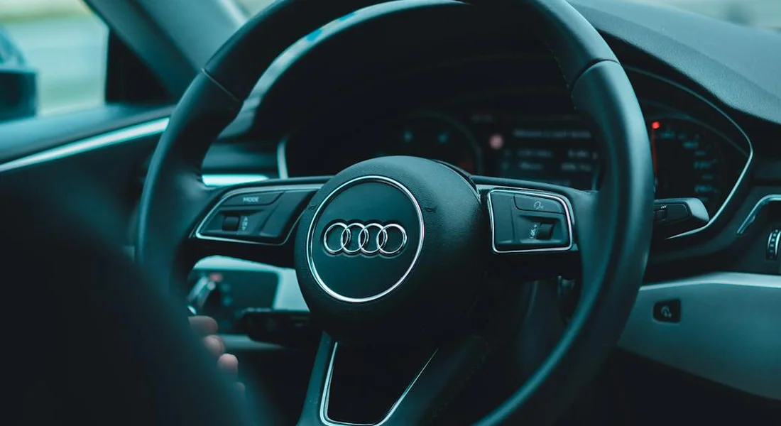 Close-up of an Audi car interior steering wheel