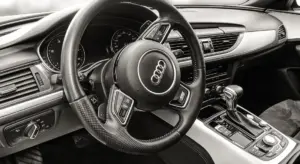 Close-up of an Audi car interior featuring the steering wheel and center console in black and white.