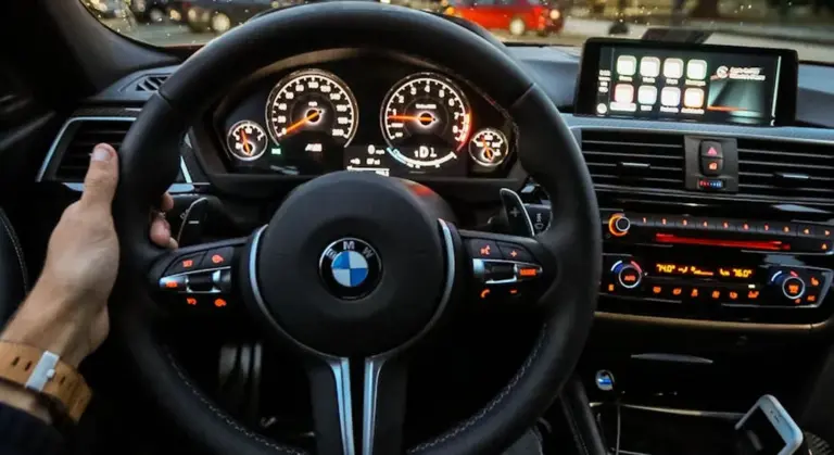 Close-up interior of a BMW showing the steering wheel, instrument cluster, and center console with an infotainment screen.