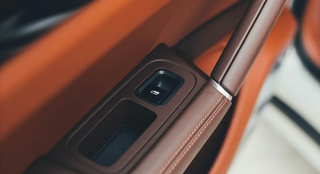 Close-up of a car's brown interior door panel, showing a window control switch and leather-like trim.
