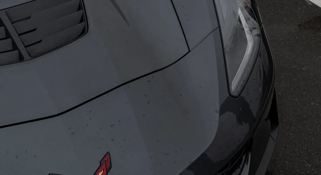 Close-up of a car hood with bird droppings and stains near the headlight.