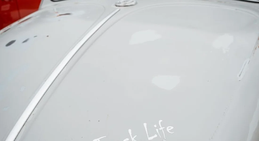 Close-up of a light-colored car hood with cement dust and surface marks.