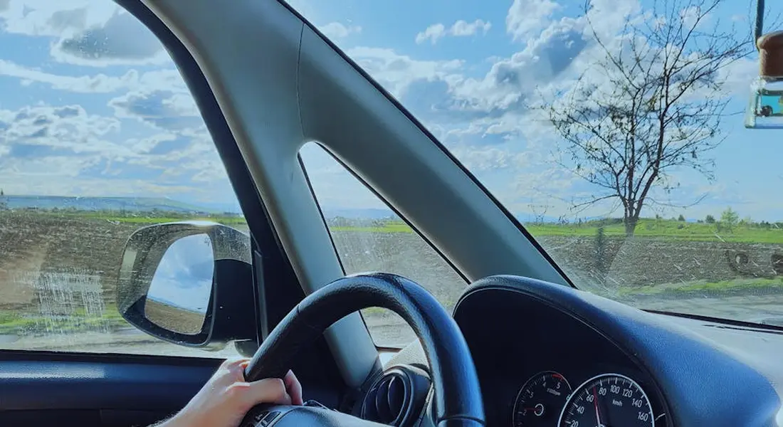 Inside a car, a driver's hand rests on the steering wheel with a view of the road and landscape through the window.