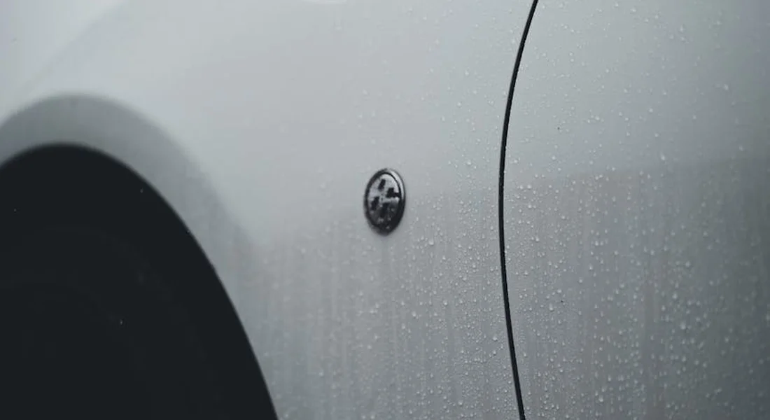 Close-up of a silver car door with water droplets and a small badge, highlighting surface finish.