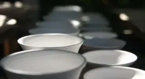 Close-up of white ceramic cups lined up with shallow depth of field.