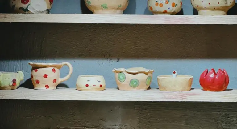 Row of glazed ceramic pots and bowls on wooden shelves against a blue wall.