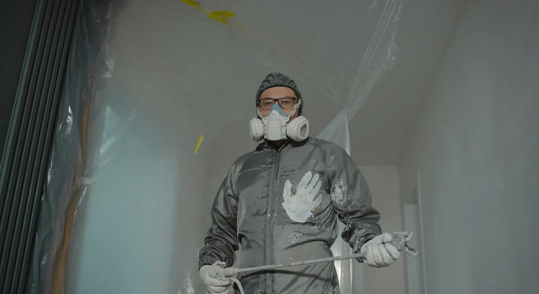 Automotive detailer wearing a full protective suit and respirator watches the spray booth during a clear coat application, holding spray equipment.