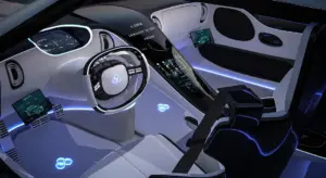 Interior of a futuristic white car with blue ambient lighting, focusing on the fabric headliner and interior ceiling
