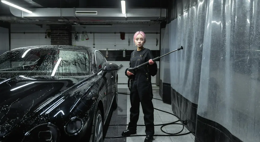 A person with pink hair wearing black clothing stands in a garage beside a black car, holding a spray wand connected to a hose as they prepare the right tools for removing road paint and asphalt from a vehicle's exterior.