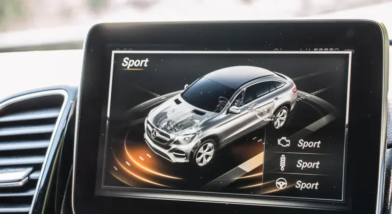 Car dashboard infotainment display with a 3D car illustration and 'Sport' indicators