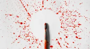 Red paint splatters around a central paintbrush tip on a white background, illustrating blending and layering in automotive paintwork.