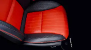 Close-up of red and black car seat upholstery inside a vehicle, illustrating fabric and leather-like materials that can harbor pet odors.