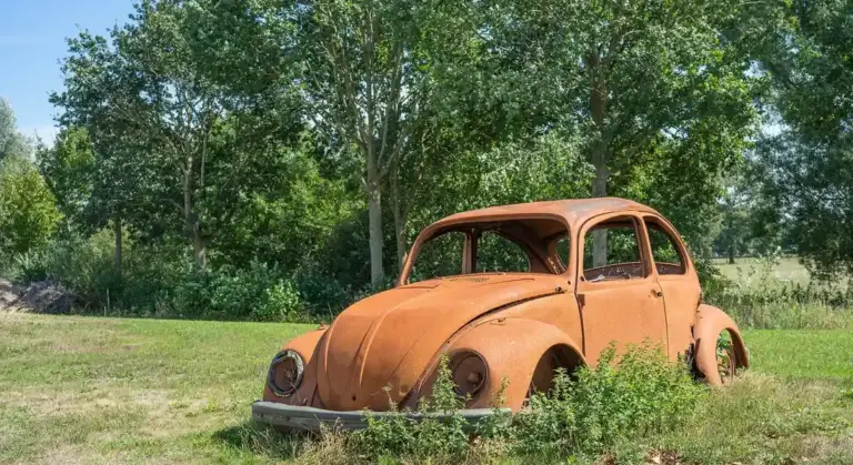 Old rusty vintage car sitting in a grassy field with trees in the background.