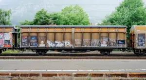 A freight train car covered in graffiti sits on a railway track beside a platform with green trees in the background.