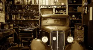 Vintage car in a cluttered workshop with shelves and tools