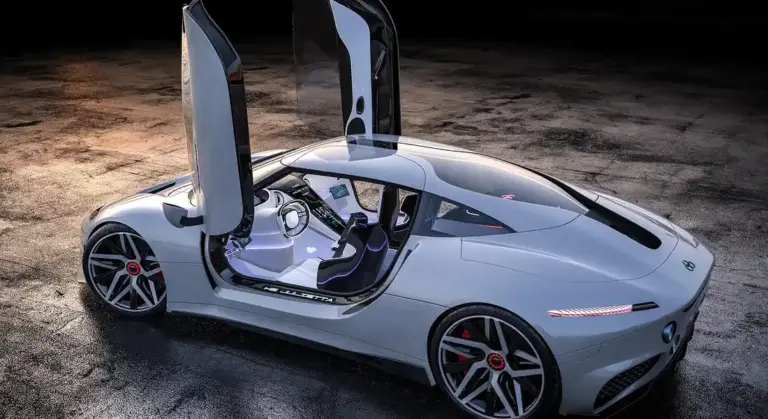 White luxury sports car with gull-wing doors open, showcasing the car interior and dashboard.