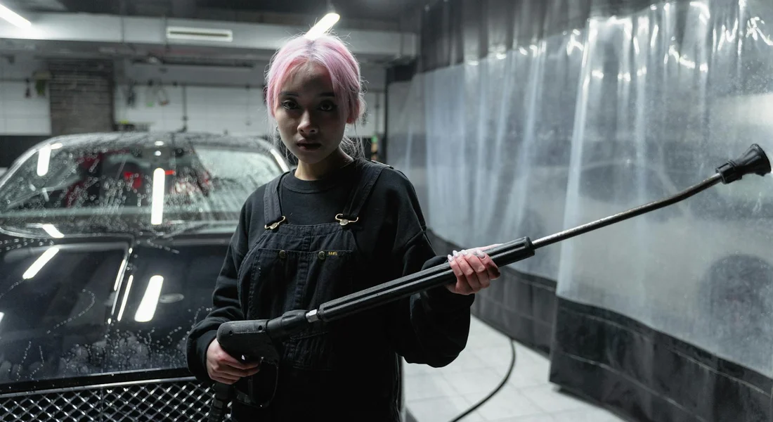 Person with pink hair wearing black overalls holds a car-wash wand inside an indoor tunnel car wash, standing beside a vehicle as water sprays.