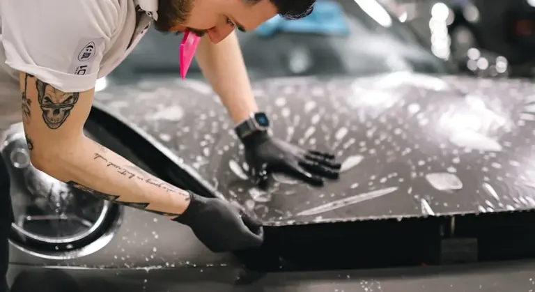A technician wearing black gloves washes a vinyl-wrapped car with soap, focusing on a careful, surface-level cleaning.