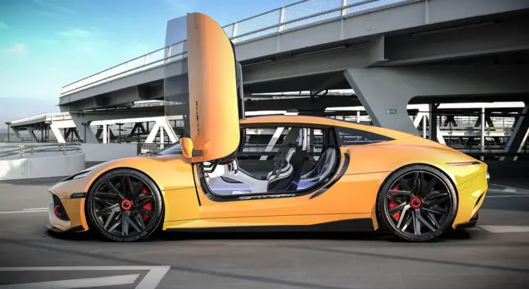 A bright yellow sports car with its doors open in a rooftop parking structure, showing a glimpse of the interior.